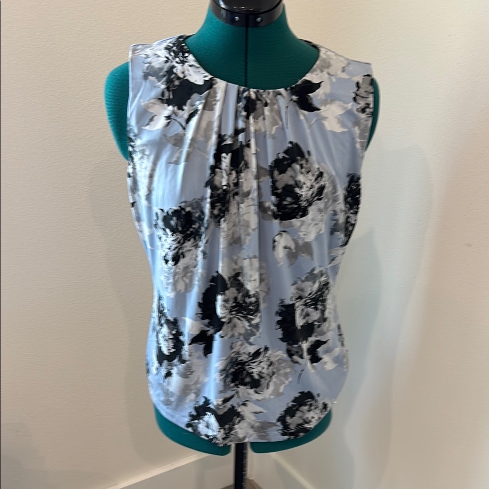 Calvin Klein Light Blue with Black and White Pleated Flower Sleeveless Blouse